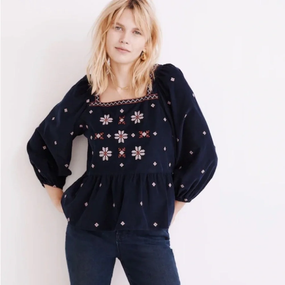 MADEWELL Embroidered Velvet Square Neck Corduroy Button-Back Peplum Boho Top